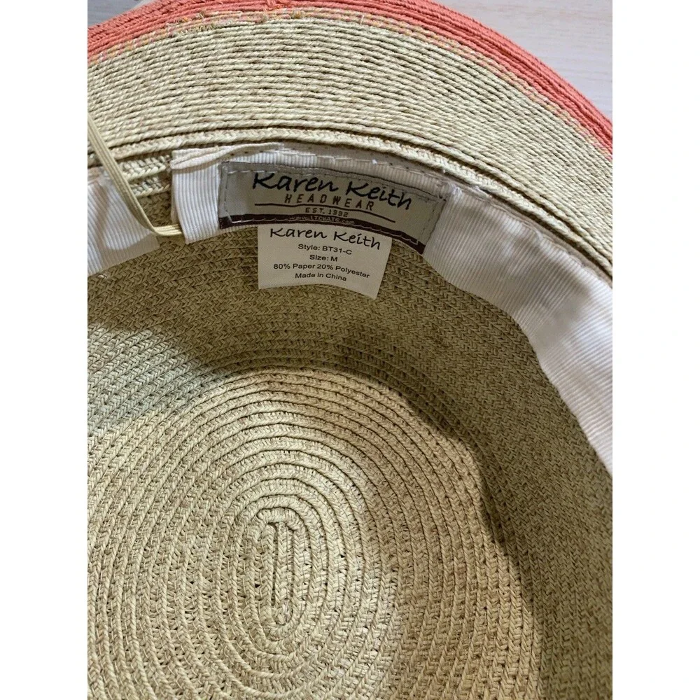 K.Keith Beige Straw Sun Hat Wide Brim with Peach edge and Band, Adjustable Sz M